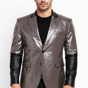 Men’s Gothic Rock Blazer – Ghost Papa Emeritus Inspired Gray Faux Leather Jacket Silver Black Stagewear Costume Concert Outfit Gift for Him