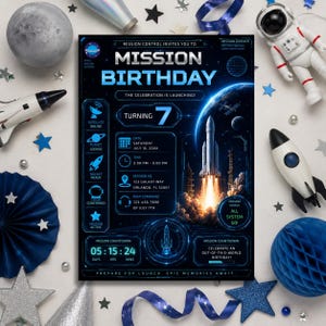 May include: A space-themed birthday party invitation with a blue and black color scheme. The invitation features a rocket launching, planets, and the text "Mission Birthday" and "Turning 7". Decorative stars and space-themed toys surround the invitation.