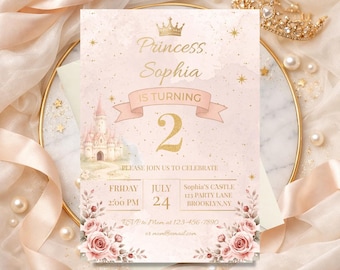 May include: A princess-themed birthday invitation with the text "Princess Sophia is turning 2." The invitation features a pink and gold color scheme, a castle illustration, and floral accents. The date and time are also included.