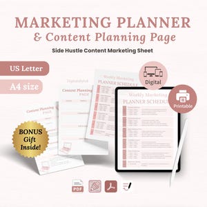 Marketing Planner + Content Planning Page Printable PDF | A4 & US Letter, Content Strategy for Business Growth Instant Download, Side Hustle