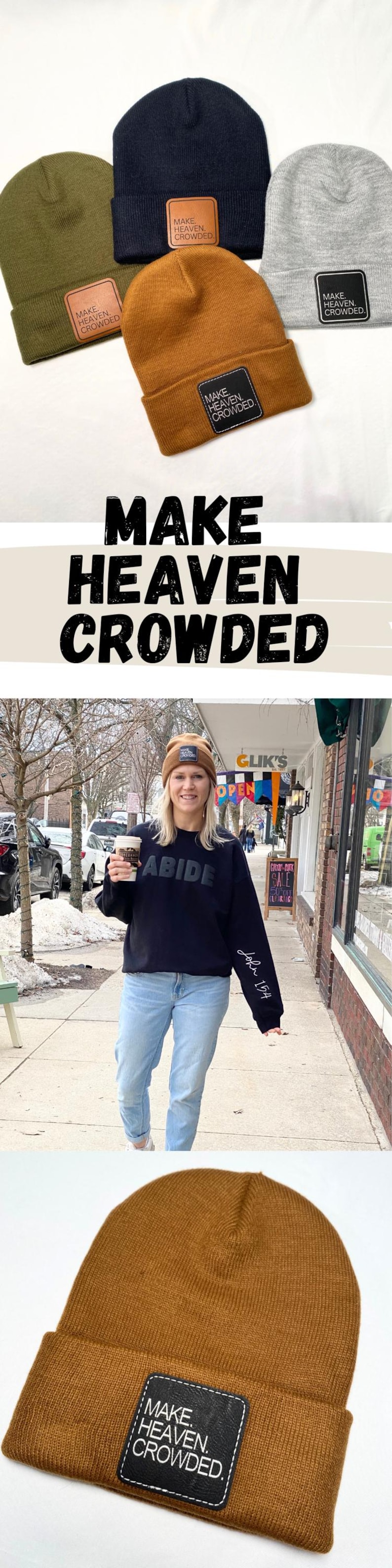 Puede incluir: Varios gorros de punto en colores como verde oliva, azul marino y marr&oacute;n. Cada gorro tiene un parche cuadrado con el texto "MAKE HEAVEN CROWDED". La imagen tambi&eacute;n muestra a una persona con un gorro marr&oacute;n.