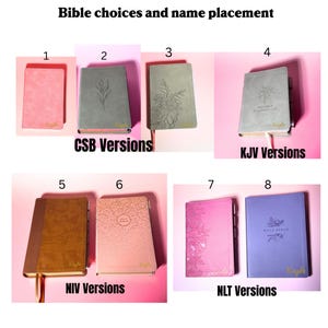 May include: Eight Bibles labeled 1 through 8, categorized by version as CSB, KJV, NIV, and NLT. The covers vary in color including pink, gray, brown, and purple, featuring floral engravings and gold-colored name personalization reading Kayla.