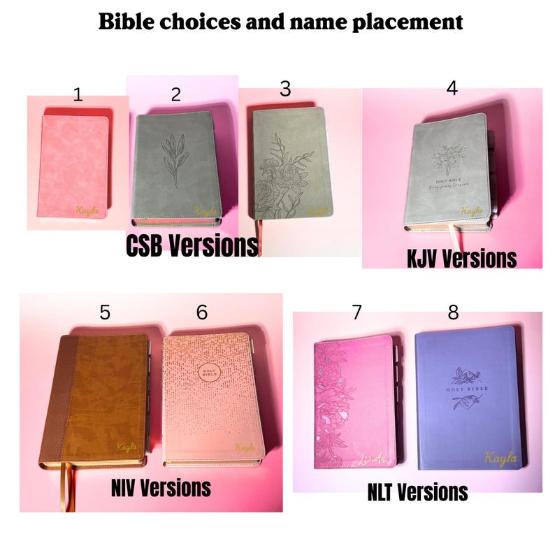 May include: Eight Bibles labeled 1 through 8, categorized by version as CSB, KJV, NIV, and NLT. The covers vary in color including pink, gray, brown, and purple, featuring floral engravings and gold-colored name personalization reading Kayla.