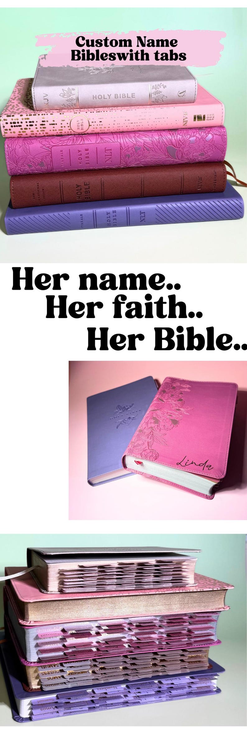 May include: A stack of five Holy Bibles in various colors including light gray, light pink, bright pink, brown, and purple. The books feature gold-edged pages and index tabs. One pink Bible is personalized with the name Linda in cursive script.