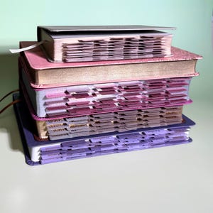 May include: A stack of four books with indexed tabs along the edges. The top book is light gray, followed by a pink book with gold-gilded edges, a book with pink and purple tabs, and a bottom book with purple tabs and a purple cover.
