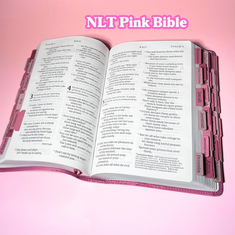 May include: An open NLT Pink Bible with white pages featuring black printed text. The book has pink index tabs along the edges labeled with book names like Psalms, Isaiah, and Proverbs. The cover is a textured pink material.