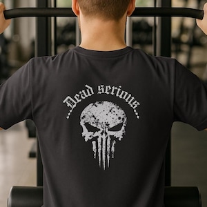 Sport T-shirt, Gym Shirt for Men with Skull Print, Funny Fitness Tee, Dead Serious, Badass Training Top, Gift for Him