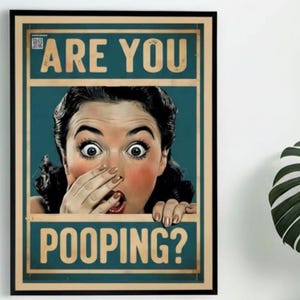 May include: Framed vintage-style poster with a woman's surprised face, hand over her mouth. The poster reads "ARE YOU POOPING?" in bold, distressed lettering. The background is teal with a tan border.