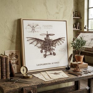 May include: A framed print of Leonardo da Vinci's flying machine design, featuring detailed mechanical drawings in sepia tones. The print is displayed on a rustic wooden desk with a compass, inkwell, and other vintage items, creating a historical and artistic ambiance.