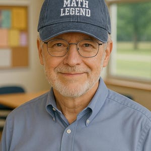 May include: A man wearing a blue baseball cap with the text "MATH LEGEND" in white. He is also wearing glasses and a light blue button-down shirt. The background is a blurred interior with a window.