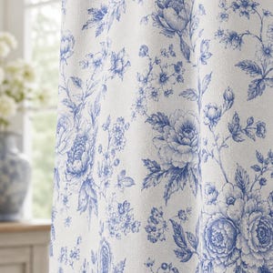 Blue Floral Vine Window Curtain | Sheer Curtain Panel, Cottagecore Drapery