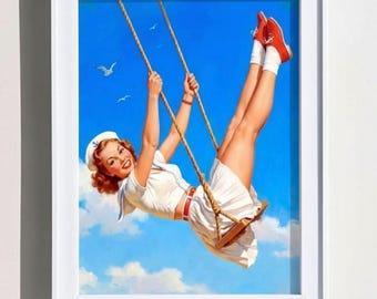 Pin Up Poster – Vintage Sailor Girl Art, Retro Nautical Wall Decor, 1950s Pinup Illustration Print