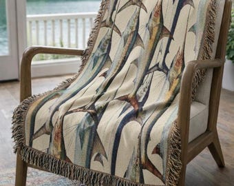 Swordfish Nautical Woven Blanket | Cream Ocean Fish Throw Cotton Tapestry