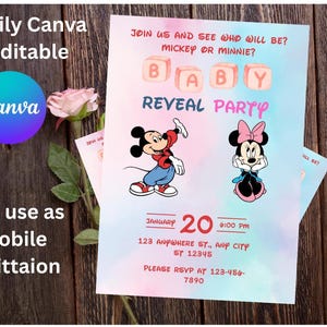 Invitación para fiesta de revelación de género de Mickey y Minnie, invitación moderna para fiesta, bebé niño o niña, invitación única, diseño de tarjeta de invitación