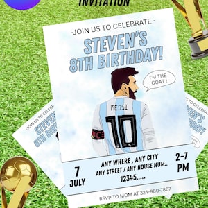 Cartão de convite de aniversário do Messi, modelo de aniversário editável, convite de aniversário para impressão, cartão de aniversário de futebol, download digital