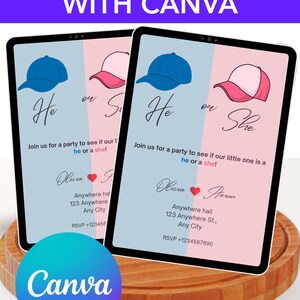 Faire-part de fête modifiable pour révéler le sexe, invitation moderne, cartes de bébé garçon ou bébé fille, invitation unique, modèles de cartes d'invitation