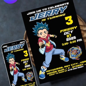 Invito di compleanno Beyblade / Invito per festa Beyblade modificabile / Download digitale / Compleanno per bambini / Tema Beyblade Burst / Invito Supereroi
