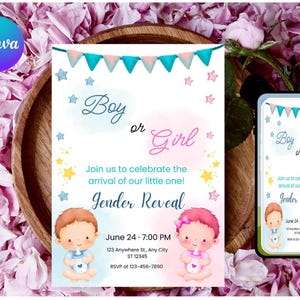 Faire-part de révélation de genre, faire-part de fête moderne, cartes de bébé garçon ou bébé fille, invitation unique, modèles de cartes d'invitation