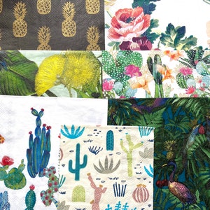 7 serviettes florales, serviettes cactus, serviettes jungle, jolies serviettes de table, serviettes pour techniques mixtes, serviettes pour découpage, papier collage