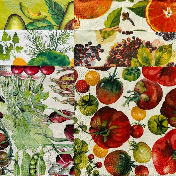 In the garden, 6 vegetable patch napkins, patterned napkins, allotment, pretty serviettes for mixed media art, decoupage, gardening journal