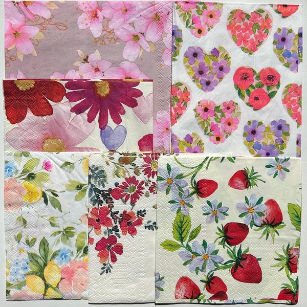Summer love, 6 floral napkins, flower napkins, pretty napkins, serviettes for mixed media art, decoupage napkins, collage paper