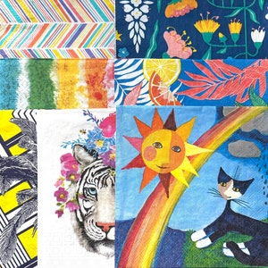 Puede incluir: Un collage de servilletas de papel con patrones coloridos que presentan un tigre blanco con flores rosas, un sol con un arcoíris, un gato negro y varios diseños florales y geométricos.