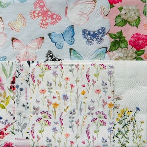 Butterflies in the garden, 6 floral napkins, flower napkins, pretty napkins, serviettes for mixed media art, decoupage napkins, collage pape