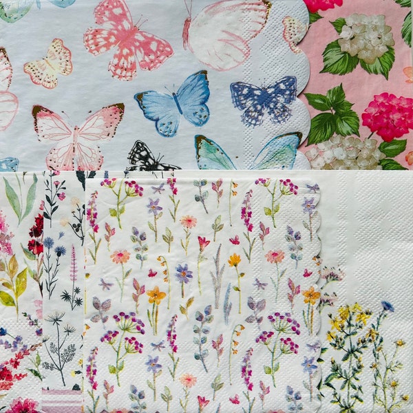 Butterflies in the garden, 6 floral napkins, flower napkins, pretty napkins, serviettes for mixed media art, decoupage napkins, collage pape