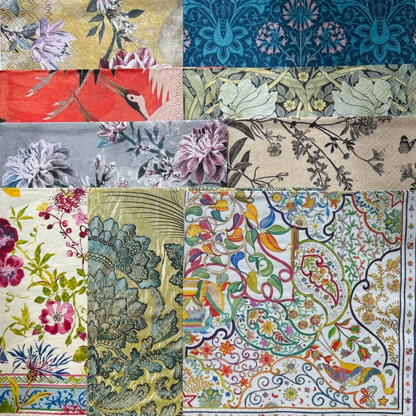9 vintage napkins, patterned napkins, flowers napkins, pretty serviettes for mixed media art, decoupage, collage paper, V&A