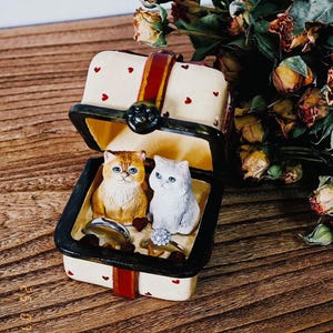 Puede incluir: Una caja de joyería decorativa con un exterior color crema adornado con corazones rojos. En el interior, dos figuras de gato flanquean un anillo y un pequeño corazón. La caja está abierta, revelando un interior negro y un detalle de cinta roja.