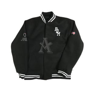 Black Wool Varsity Letterman Jacket Retro Bomber Coat with Leather Sleeves, Halloween School Spirit Outerwear, Vintage Style Baseball Coat