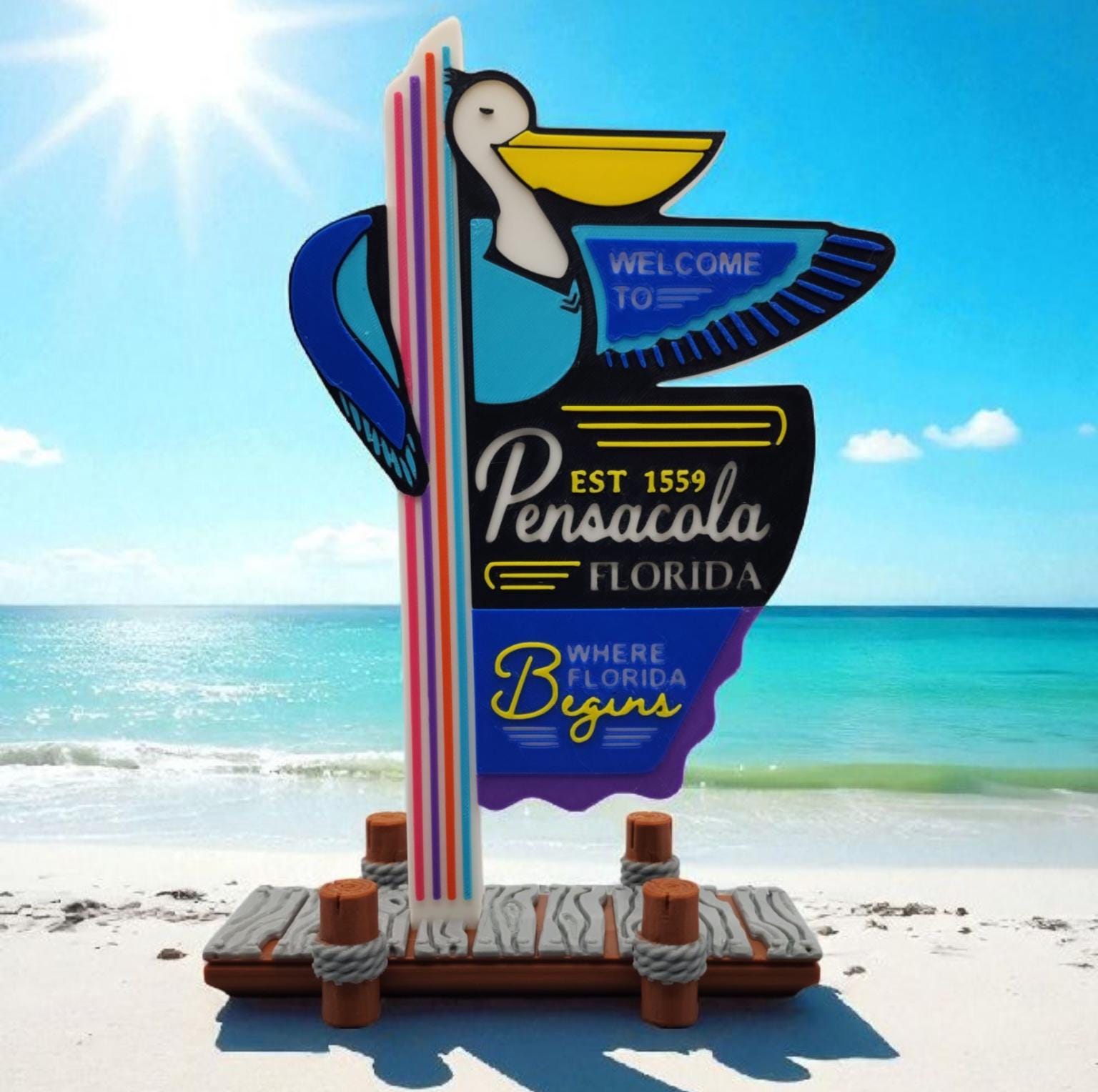 Pensacola Florida Welcome Sign, 3D Printed, 9.5 Inch Desktop