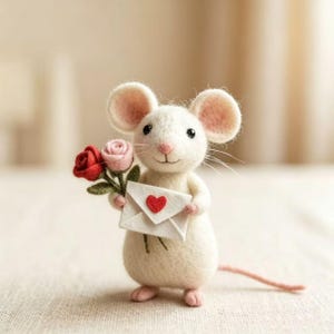 Ratinho de feltro feito à mão com balão em forma de coração, escultura de animal em feltro agulhado personalizável, presente para o Dia das Mães, enfeite fofo para decoração de casa.