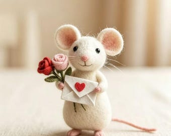Topolino in feltro fatto a mano con palloncino a forma di cuore, scultura di animale in feltro ad ago personalizzabile, regalo per la festa della mamma, grazioso ornamento per la decorazione della casa