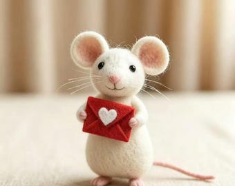Topolino in feltro ad ago che tiene in mano una lettera d'amore, statuetta di animale in lana fatta a mano, ornamento romantico per San Valentino, grazioso regalo per decorare la scrivania.