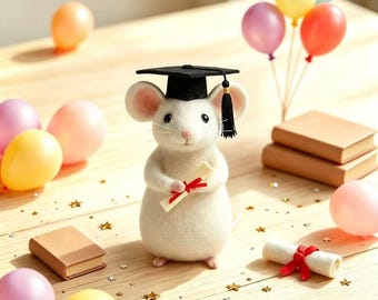 Naaldvilten afstuderen muis beeldje, handgemaakt wollen ornament, klasse van 2026 aandenken cadeau, uniek afgestudeerd decor, student aanwezig
