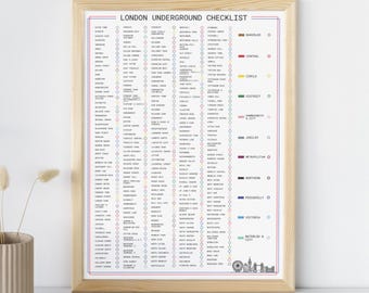 May include: A framed print featuring a London Underground checklist. The print has a wooden frame and a white background. The text "LONDON UNDERGROUND CHECKLIST" is at the top. Various station names are listed with colored circles.
