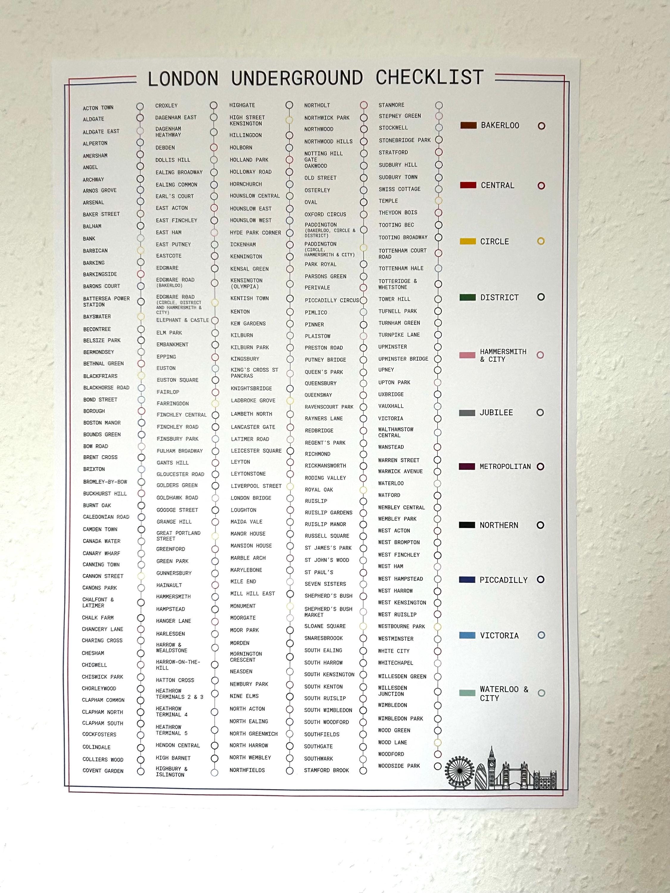 A2 London Underground Checklist Poster | 272 Stations | Train Lover ...