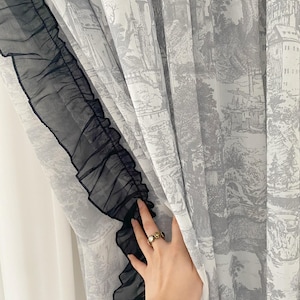 French Country Printed Silk Curtains Panel With Black Ruffle Trim,Elegant Tie-Up Curtain For Bedroom,Living Room,Or Studio