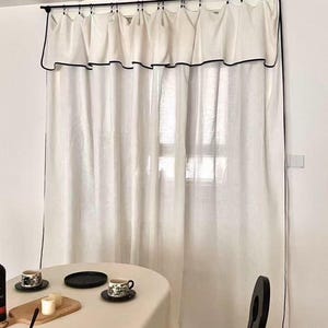 White Linen Blend Curtain with Black Trim - Customizable Size