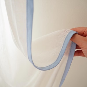 Sheer Linen Curtain Panel: Light Filtering Drapes with Blue Trim