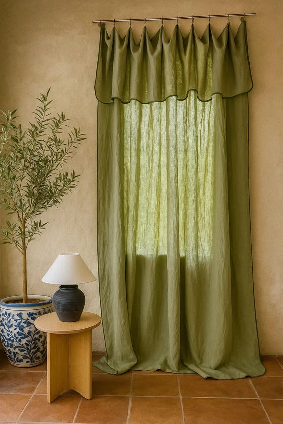 Olive Green Linen Curtains: Wave Trim, Light Filtering, Custom Size