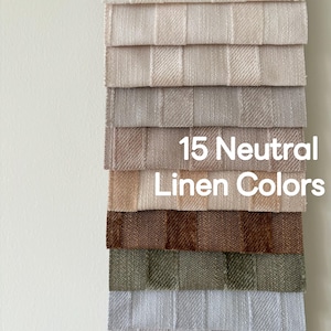 May include: A selection of 15 neutral-toned linen fabric swatches, showcasing a range of colours from beige to grey and green. The text "15 Neutral Linen Colors" is displayed in white. The fabrics have a textured appearance, ideal for home decor.