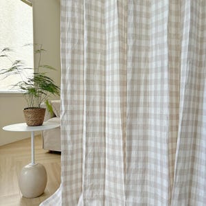 100% Linen Gingham Curtains, Softened Window Panel. Kitchen, Living Room, Farmhouse Style. Custom Size Drapes in 3 Colors.