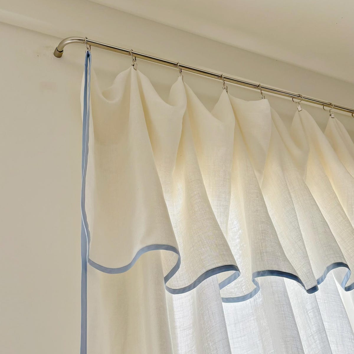 Sheer Linen Blend Curtains With Blue Trim: Light Filtering Window Treatment - Etsy