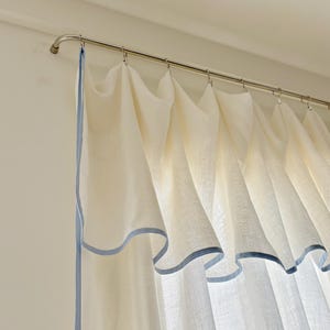 Sheer Linen Curtains with Blue Trim,Light and Airy Window Treatment for Living Room or Bedroom,Customizable Size Available