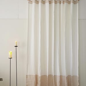 Custom Natural Linen Curtain with Color Block Trim,100% Pure Linen,Made to Measure,Minimalist Mediterranean Style Drapery