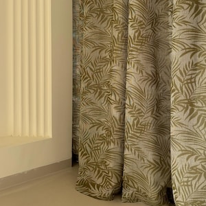 Custom Linen green Leaf Curtains,Cotton Linen Semi Blackout Drapes,Nature Boho Botanical Window Treatment