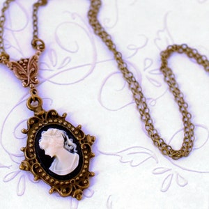 Dainty Woman Cameo Necklace, Victorian Lady Cameo Pendant, Choker, Antique Gold Brass Hypoallergenic Chain, Black Cameo Jewelry image 5