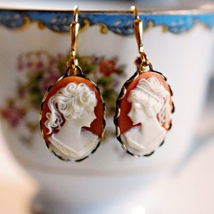 Small Carnelian Cameo Earrings Gold Cameo Earrings Victorian Earrings Cameo Drop Earrings Vintage Style Gold Dangles Birthday Gift for Her